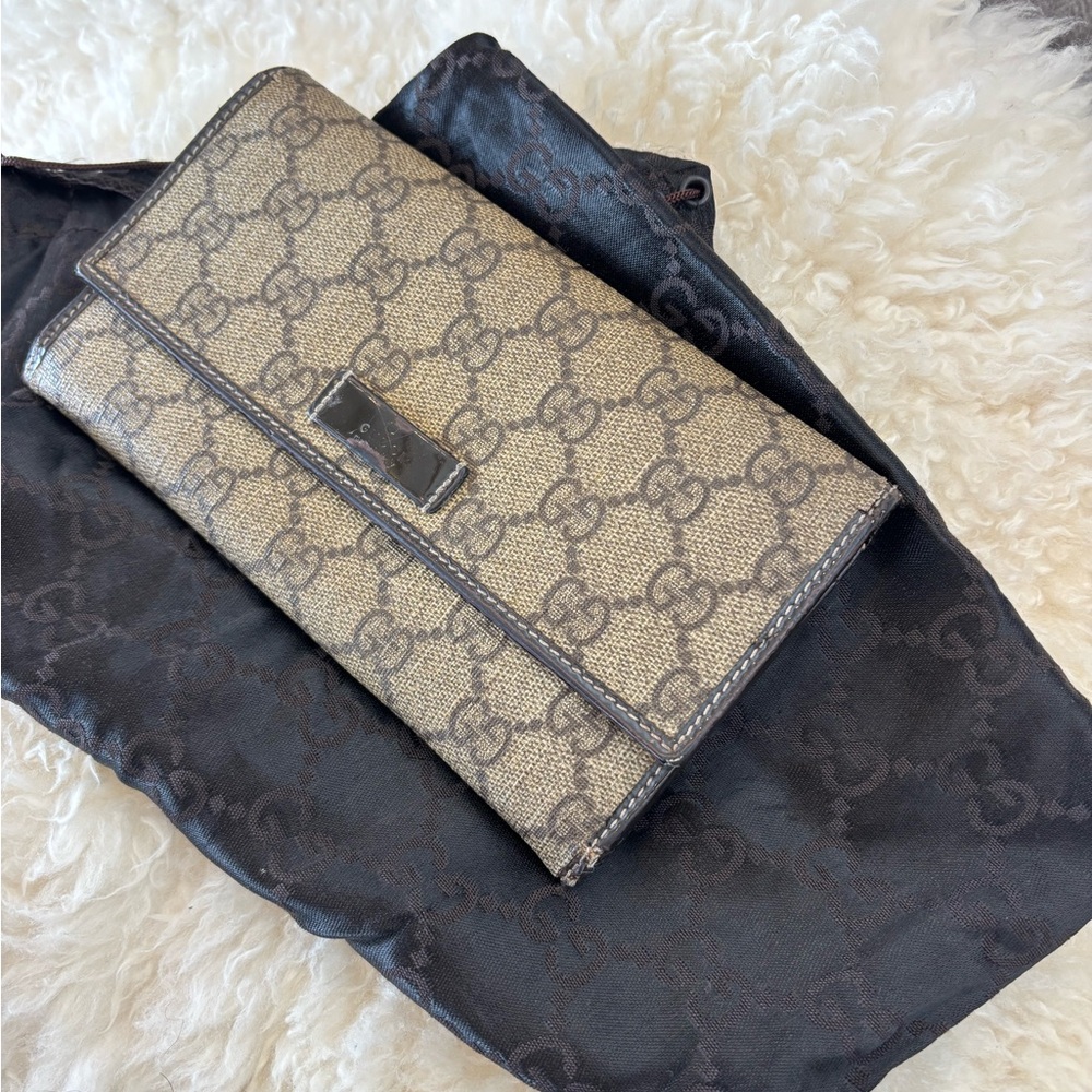Vintage Gucci Beige and Brown Long Wallet & Dust Bag